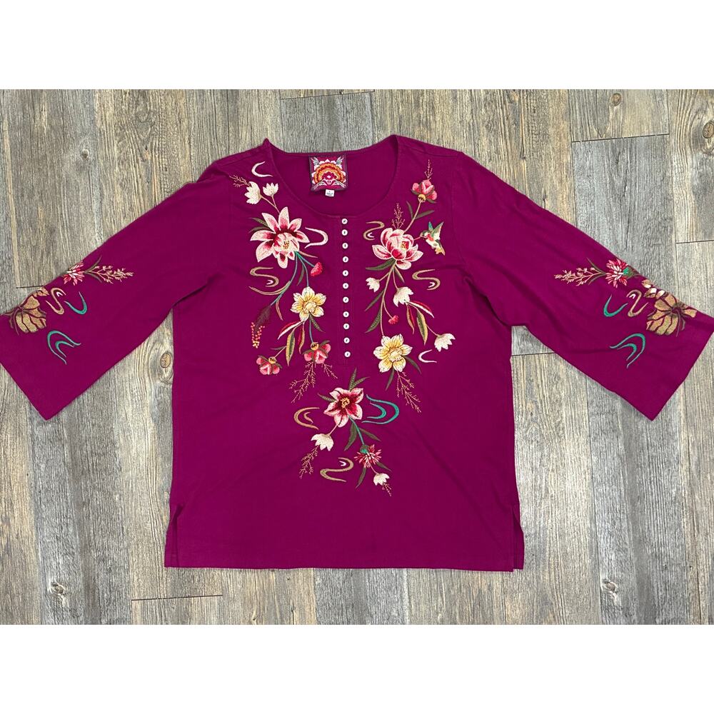 Johnny Was Large Magenta Keone Flora Embroidered Henley 3/4 Sleeve Top Blouse